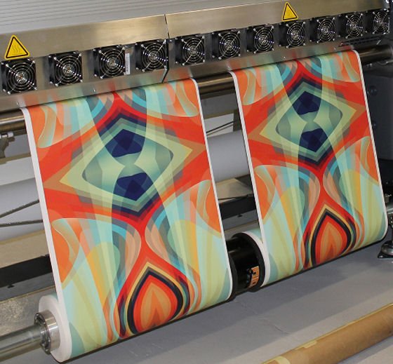 Brightly coloured wallpaper being printed