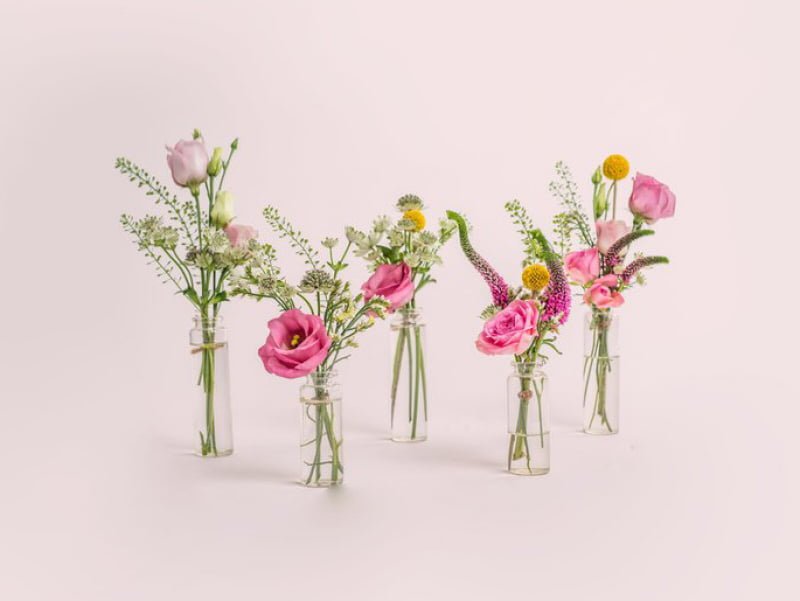 Posy Party five mini bottles with pink summer flowers