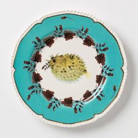 China plate with turquoise border and blowfish