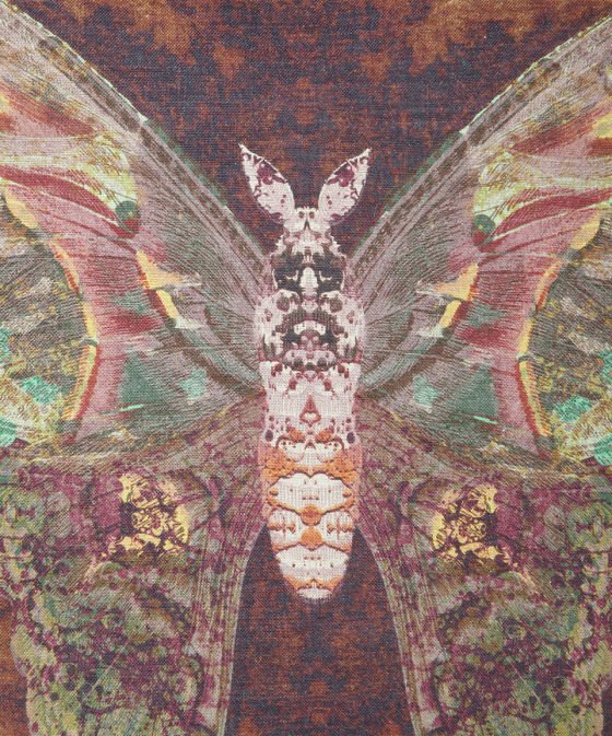 Close up on Brown Moth Blotch cushion design by Timorous Beasties