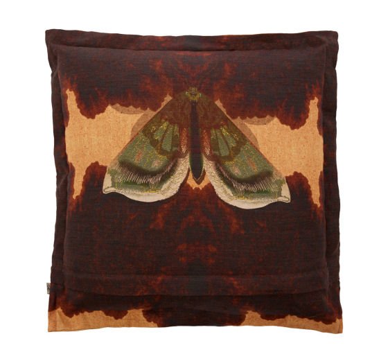 Brown linen cushion iwth green moth - reverse design