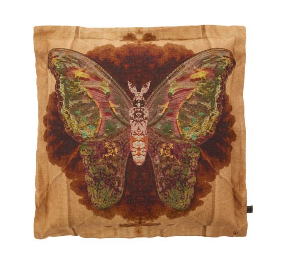Brown Moth Blotch design on brown linen cushion