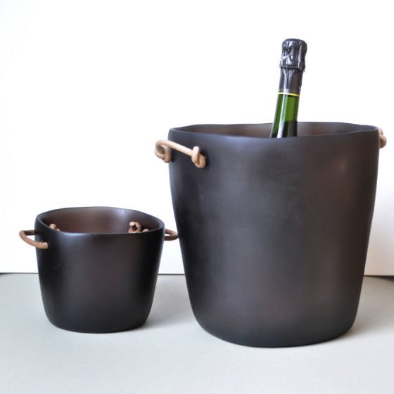 Grey resin ice bucket and champagne bucket with leather handles