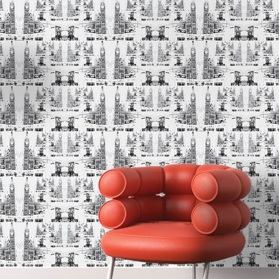 Wallcovering with black London cityscape on white background
