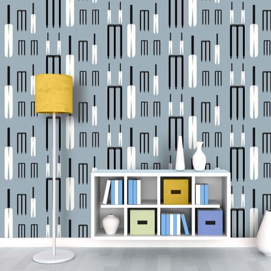 Grey wallpaper with black and white cricket pattern