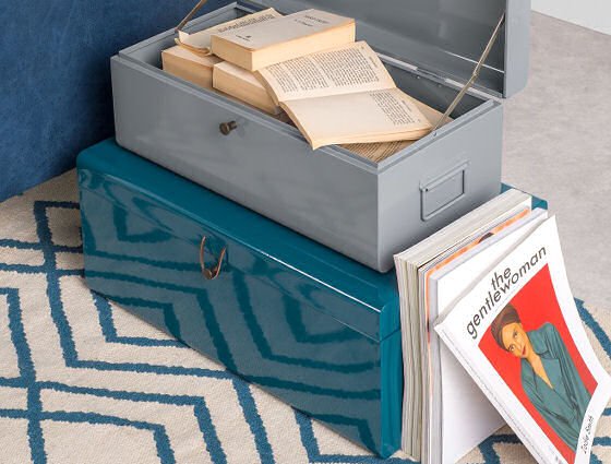 Made.com metal Daven Storage Boxes with leather closures in teal and grey
