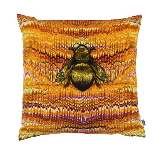 Timorous Beaties Ex Libris Bee Cushion with gold bee on orange marbled velvet