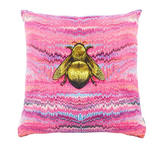Velvet cushion with pink marbled background and gold bee by Timorous Beasties