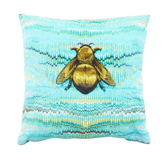 Timorous Beasties velvet cushion with gold bee on teal marbled design