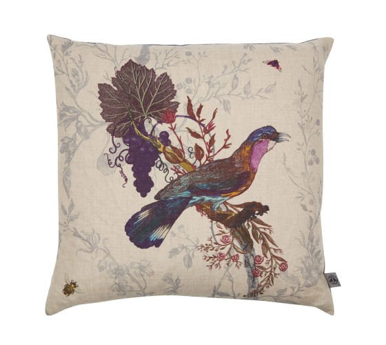 Grey linen cushion with Roller Bird design by Timorous Beasties