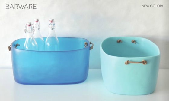 Blue and turquoise large rectangular resin containers with leather handles