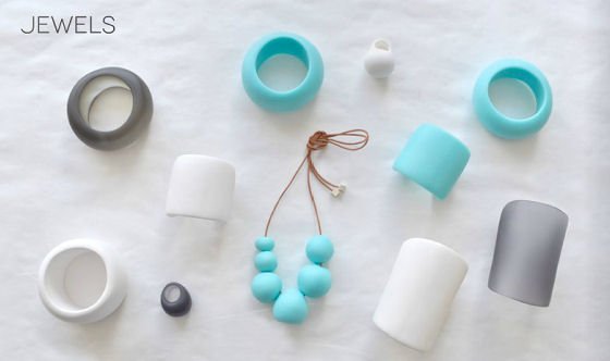 Tina Frey resin jewellery in white, grey and turquoise