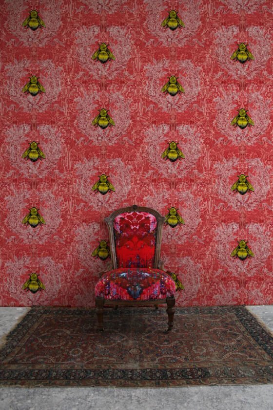 Imperial Apiary Red Red damask wallpaper with large golden bees by Timorous Beasties