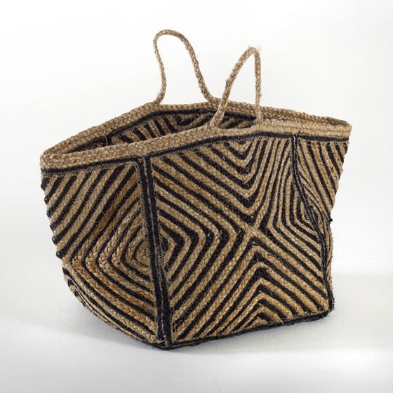Jutlo decorative home storage basket with handles in black and natural woven jute