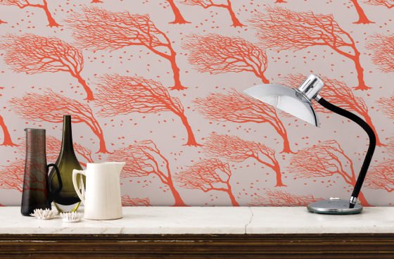 Contemporary wallpaper with orange trees bent in the wind