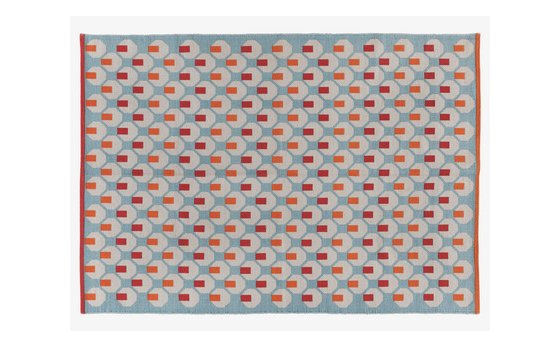 Cotton Octo Rug by Habitat printed in blue, cream, red and orange geometric pattern