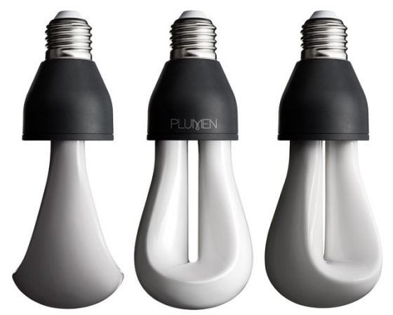 Energy saving Plumen 002 light bulb in close up from 3 angles