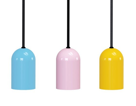 3 colourful  pendant lights in blue, pink and yellow by Plant & Moss