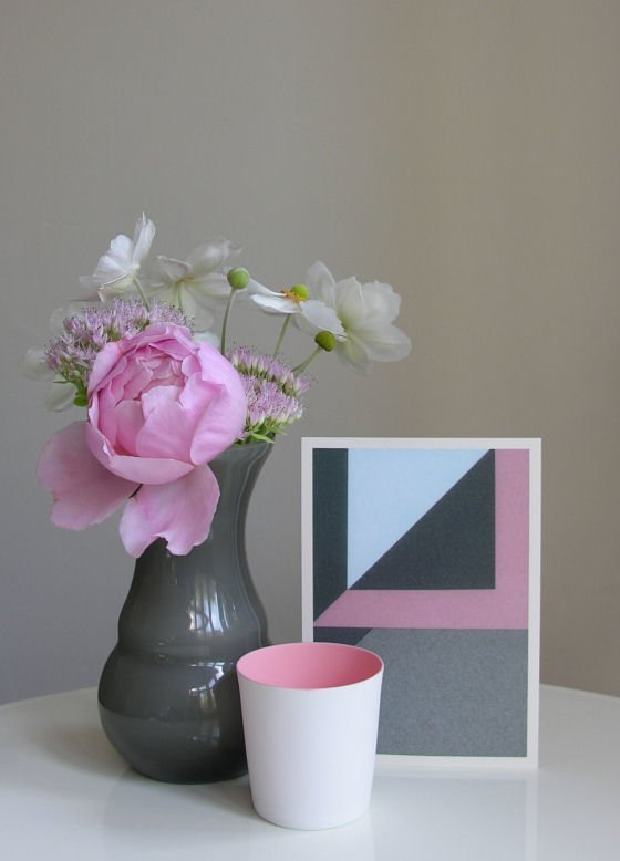 Grey vase with pink flowers and Stilleben postcard