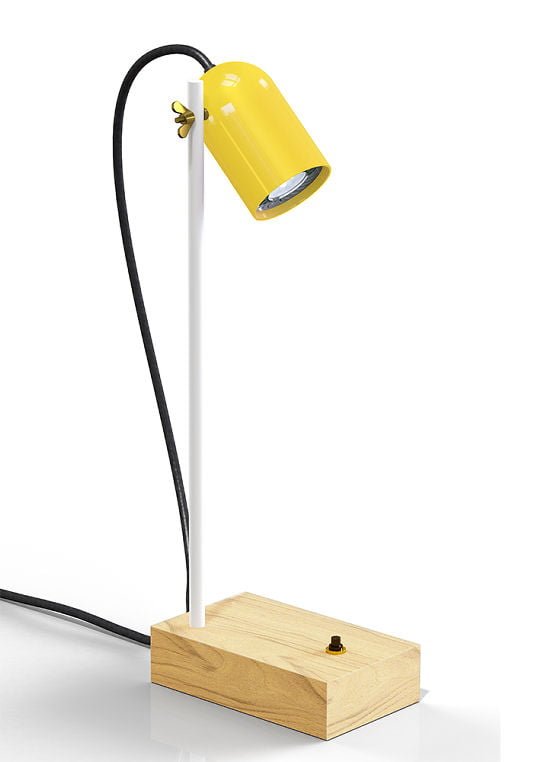Polka Table Lamp with yellow shade, white stem, wooden base and black flex