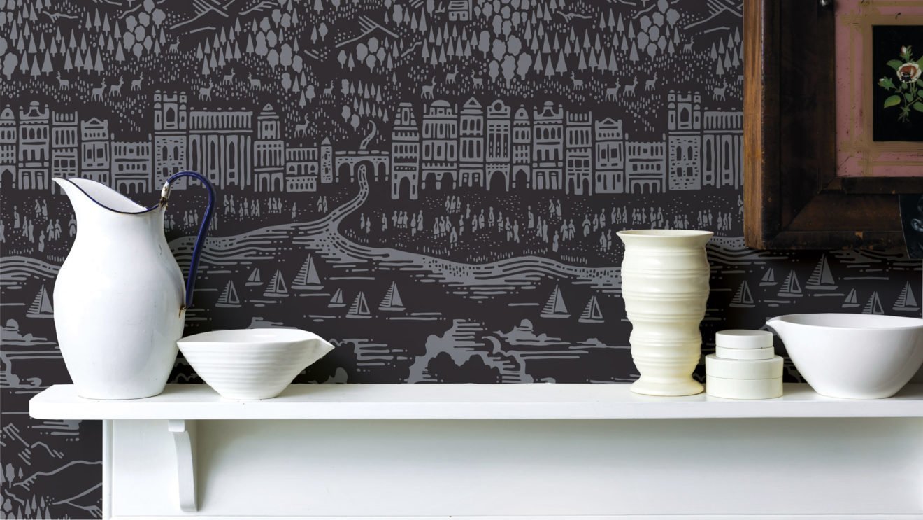 Province contemporary wallpaper with houses, water, boats, clouds mountain and trees