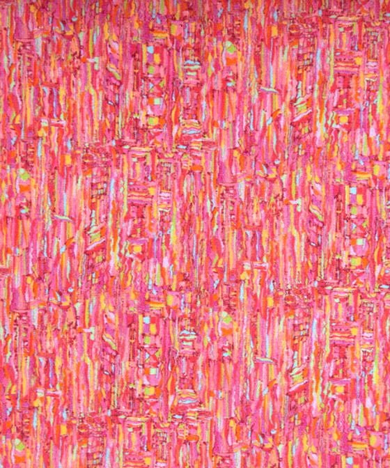 Bright pink and multicoloured abstract textile design for Liberty London