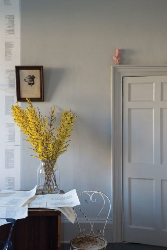 Purbeck Stone Stone coloured wall with yellow flowers in vase on table
