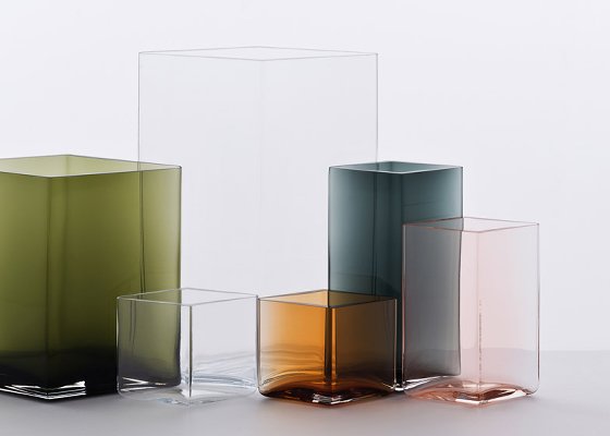 Iittala Ruutu vases in blue, green, pink, amber and clear glass