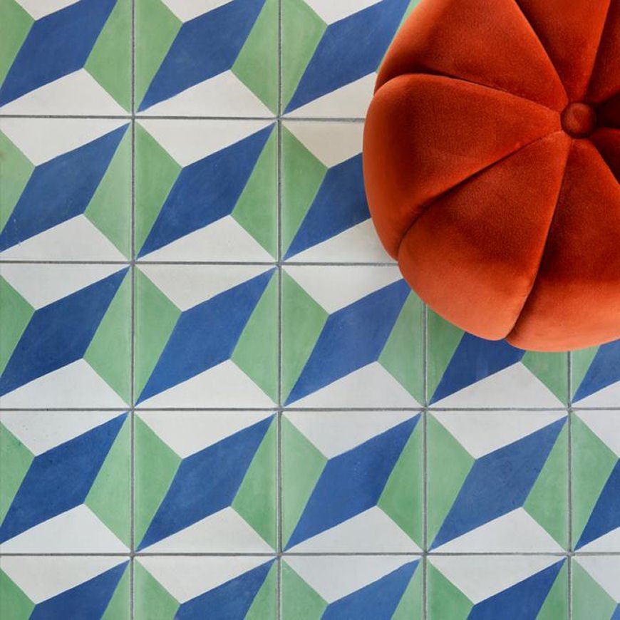 Bert & May X Soho Home Soho Redchurch Street geometric patterned tile in blue and green