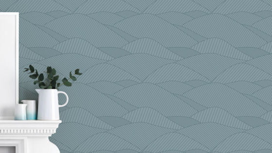 Contemporary wallpaper design in blue grey showing graphic hills and fields