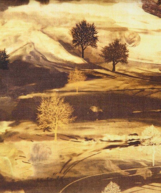 Textile design of sepia toned landscape with hills, fields and trees