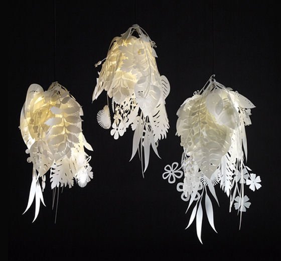 Group of 3 Tord Boontje white Bouquet light shades for Habitat on black background