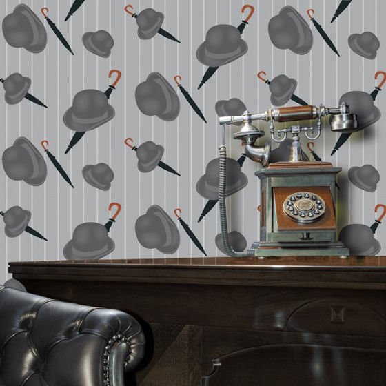 Grey wallpaper with Bowler hats and umbrellas