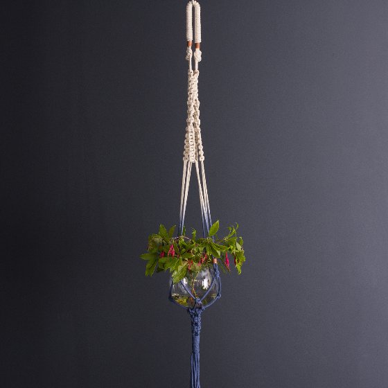 Blue and natural modern macrame plant hanger by Knot Native