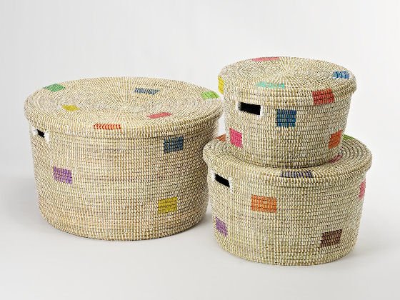 Handwoven round decorative home storage baskets with lids by Artisanne