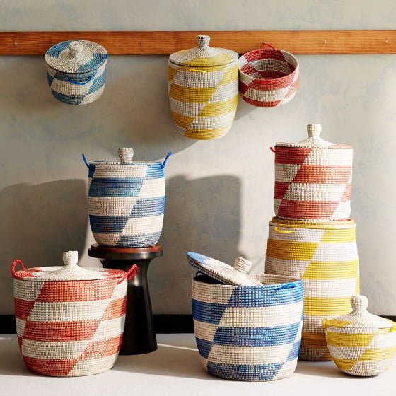 Graphic printed colourful storage baskets from West Elm • Colourful