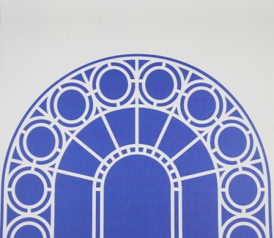 Wallpaper with blue palladian window design by CUSTHOM