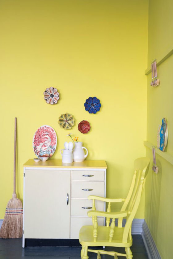 Yellowcake Corner of kitchen painted with Farrow and Ball Yellowcake paint colour