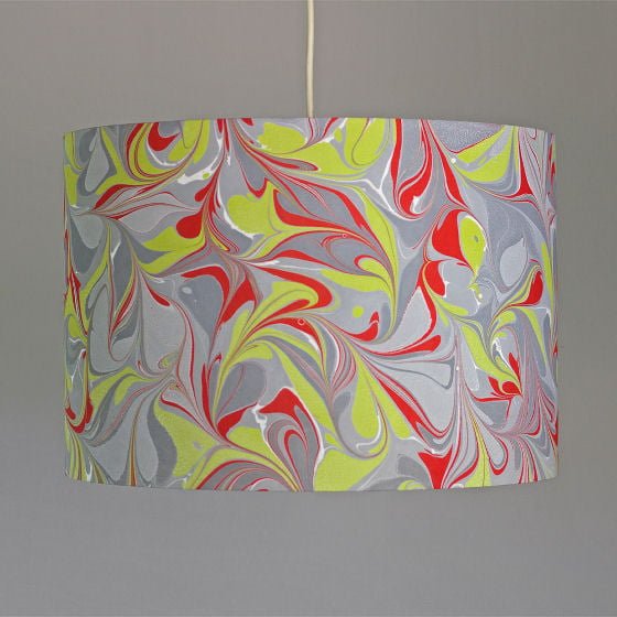 Lampshade in marbled silk in grey, orange/red, and yellow/green by Janey Whitehorn