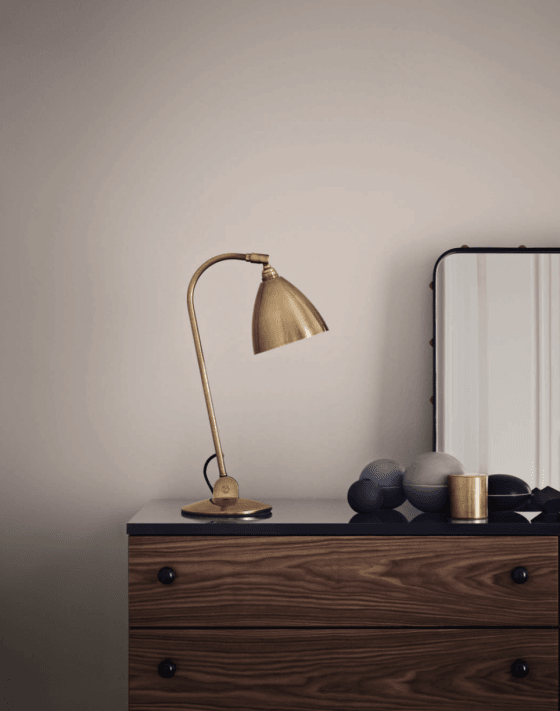 Gubi Bestlite BL2 brass desk or table lamp on wooden set of drawers