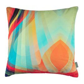 Square cushion with a graphic pattern in orange, turquoise and green swirls