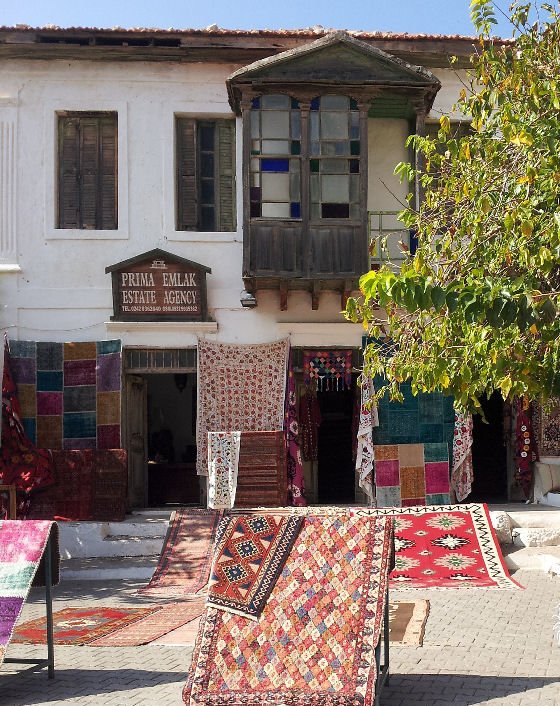 Turkish carpets outside shop in Kaş Turkey