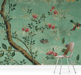 Chinese wallpaper with green background, pink blossoms and birds made into wall mural