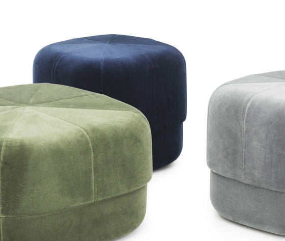 Detail of Circus Velour Poufs in grey, blue and green velvet