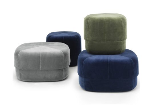 Circus Velour Poufs in grey, blue and green velvet