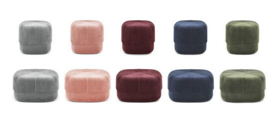 Circus Velour Poufs in grey, blush, red, blue and green velvet