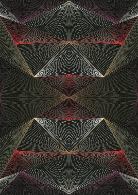 Geometric design in thread in red, grey, silver and green