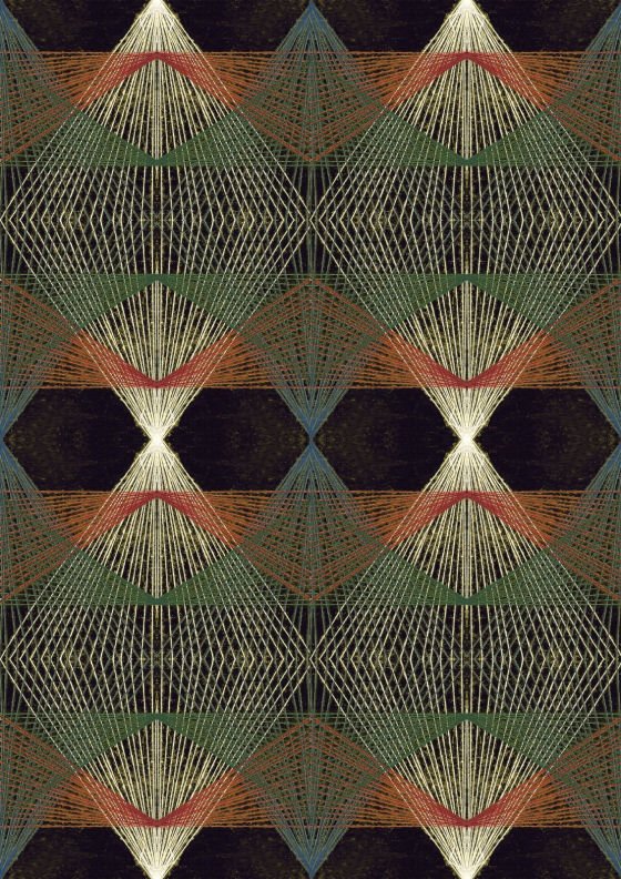 Intricate, intriguing and subtle hand stitched diamonds and traingles in cream, rust and green on black background