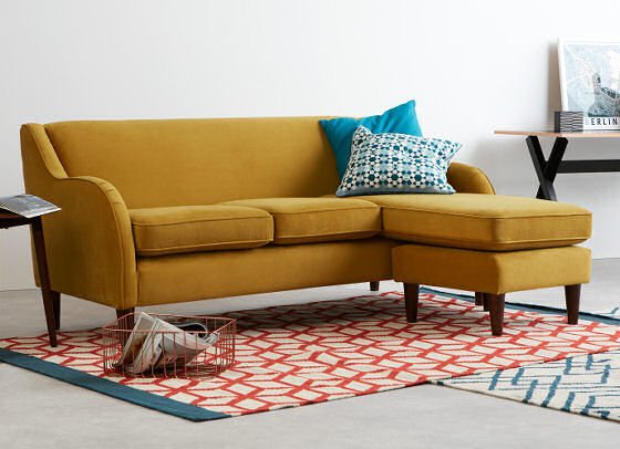 Helena contemporary corner velvet sofa in Turmeric yellow velvet