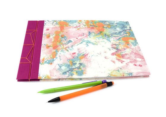 Japanese stab bound pink and orange marbled A4 hardback handmade journals